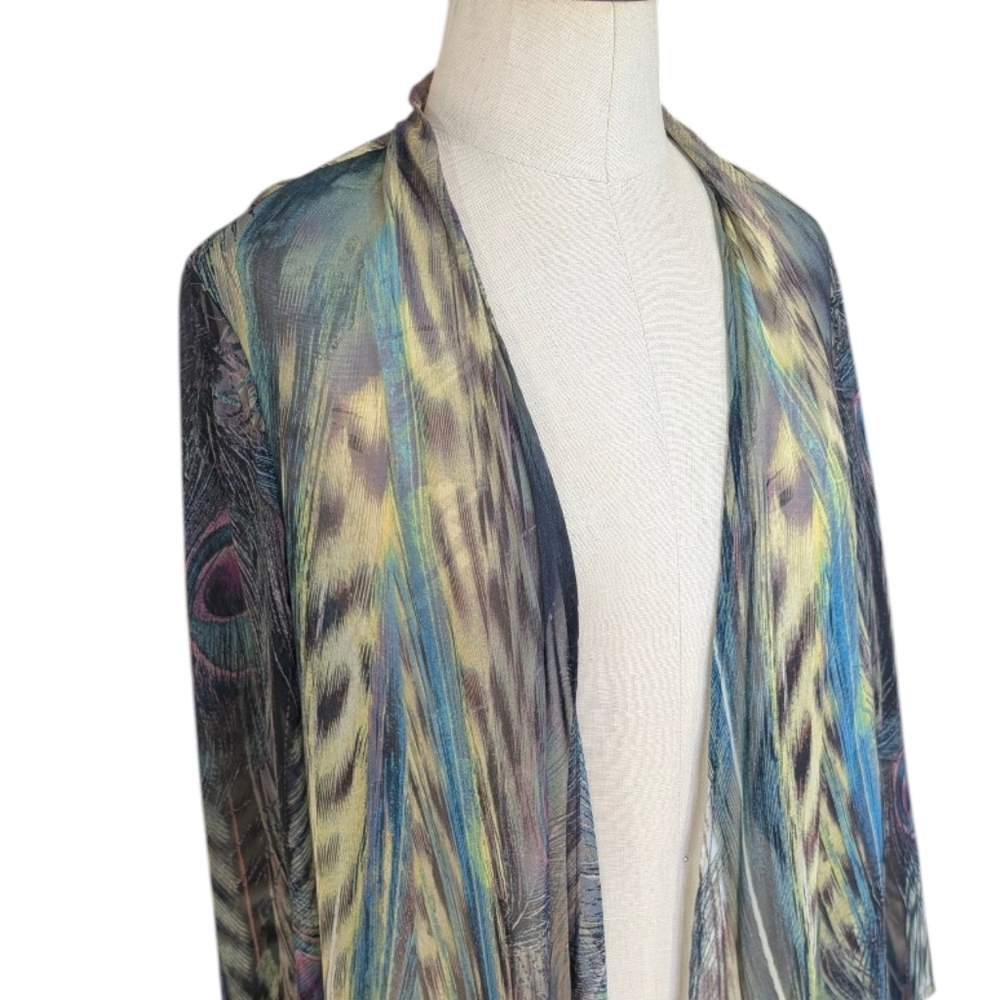 Chenault sheerchiffon peacock Kimono jacket duster, W/ knot/tie front. Medium. - Picture 12 of 16